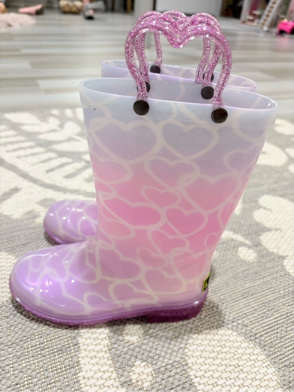 Western Chief Pink and Purple Heart Rain Boots with Glitter Heart Handles